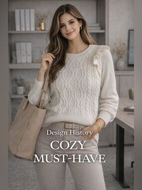Design History Cream Cable Knit Ruffle Sweater XS | Cozy Chic Workwear